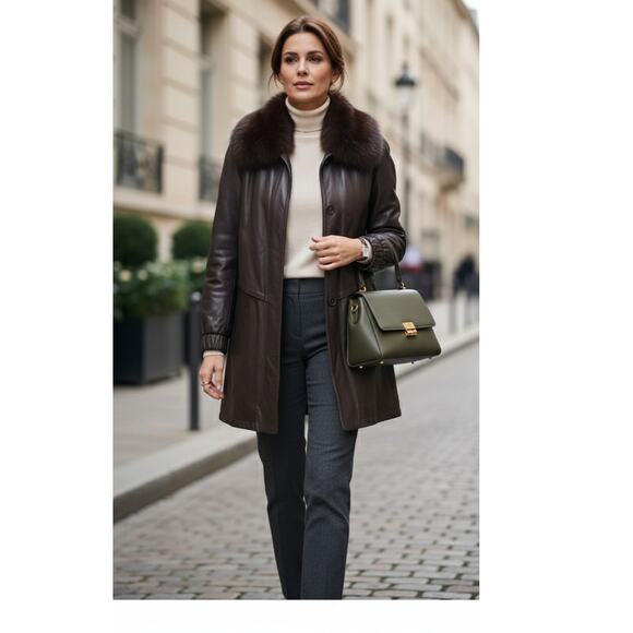 Fox Jackets & Blazers - NWT Vtg Damselle Lamb Leather Fox Fur Collar Coat Old Money Womans Size Large